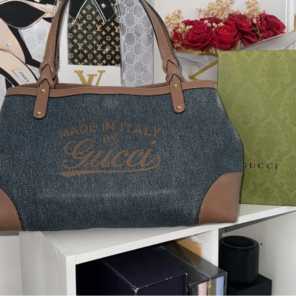 💯Gucci Brown and Denim  Shoulder Bag with Leather Accents - Picture 3 of 3